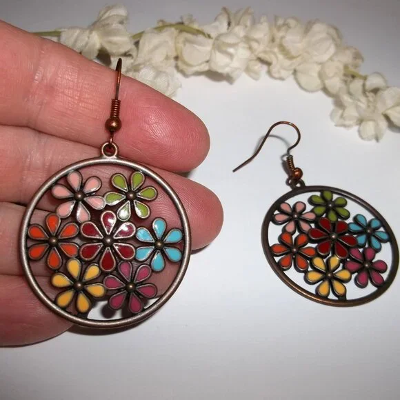 Copper Multicolored Flower Earrings Statement Jewelry Big Large Earring C875 - Picture 4 of 4